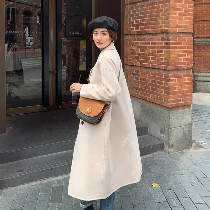Women 100% Real Wool Long Overcoat Turn-down Collar Pocket Double Layer Narrow Notch Lapel Double-Breasted Coat Fall Winter - Image 3