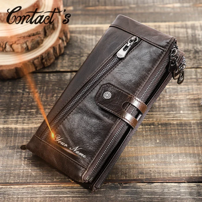 Contact's Name Engraving Genuine Leather Wallet Men Zipper Capacity Male Long Money Purse Phone Pocket Card Holder New Portfel - Image 1