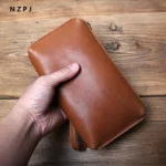 NZPJ Men's Leather Long Wallet First Layer Cowhide Zipper Clutch Bag Retro Bank Card Case Soft Leather Phone Case Coin Case