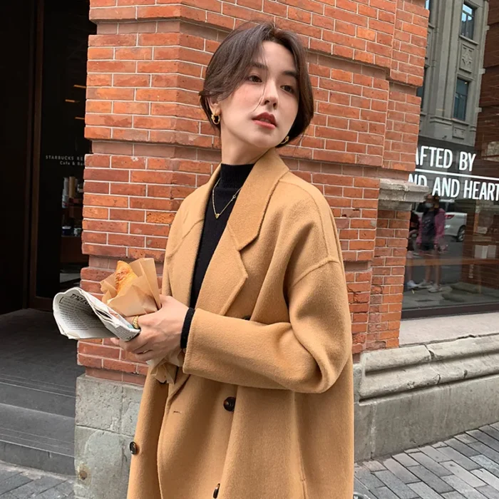 Women 100% Real Wool Long Overcoat Turn-down Collar Pocket Double Layer Narrow Notch Lapel Double-Breasted Coat Fall Winter - Image 5