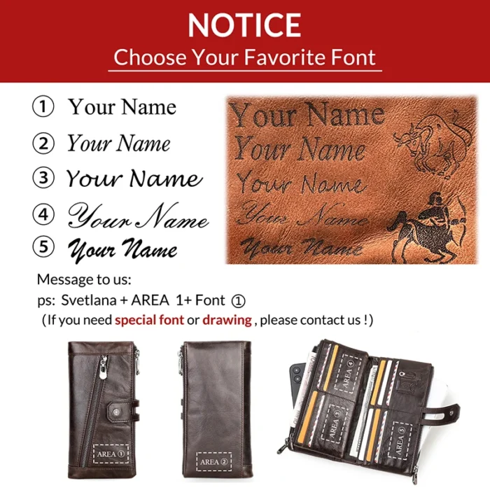 Contact's Name Engraving Genuine Leather Wallet Men Zipper Capacity Male Long Money Purse Phone Pocket Card Holder New Portfel - Image 6