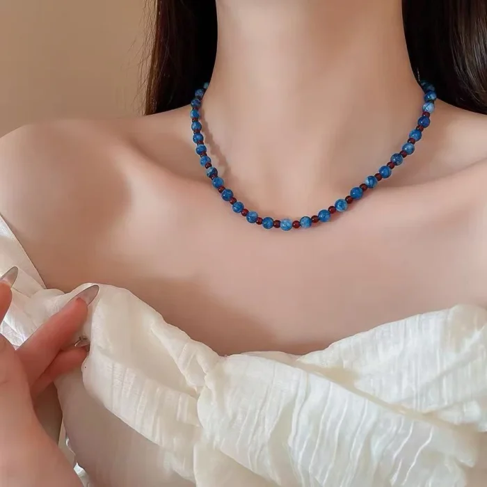 Light Luxury Natural Stone Bead chain Blue Agate Stone Short Necklace 2025 Trendy Jewelry For Women Collarbone Chain Accessories - Image 4