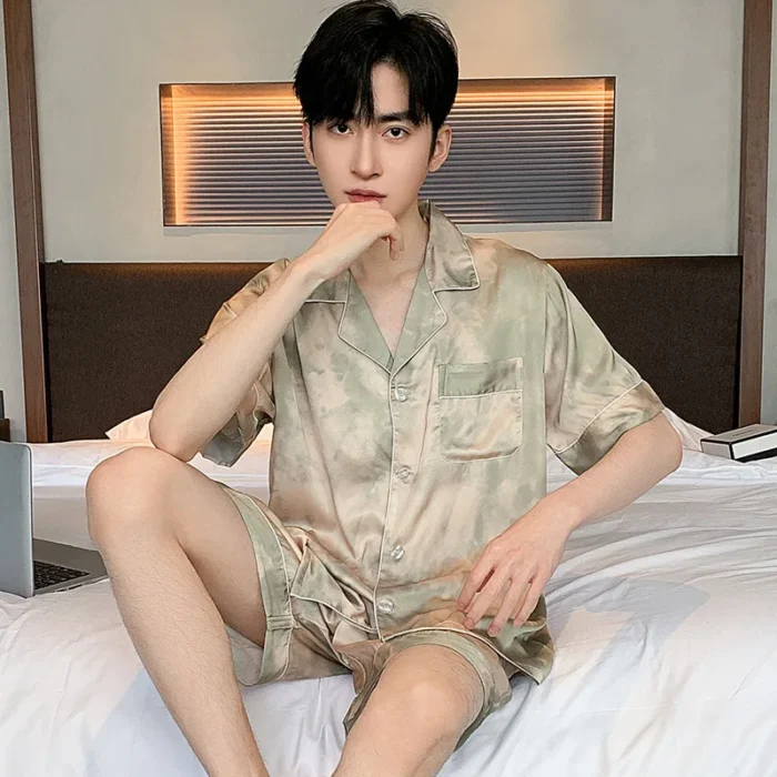 Ice Silk Pajamas Suit Men Spring Summer New Typle Fashion Short Sleeve Polyester Loungewear Male Sleepwear Geentlemen Homewear - Image 3
