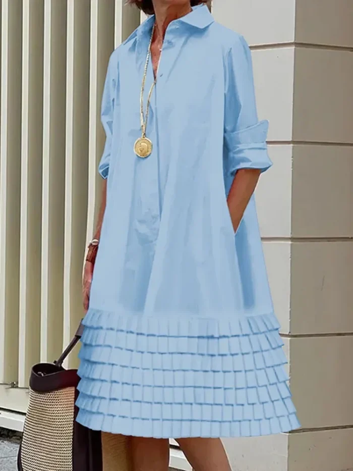 Women’s A-Line Midi Dresses 2024 New Autumn Summer Long Sleeves Layered Pleated Pockets Solid Color Lapel Shirt Dress - Image 1