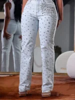 Plus Size Women's Denim Pant High Waist Slim Spring Casual Vintage Beading Jeans Fashion 2025 Streetwear Straight Jeans Trousers - Image 3