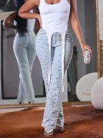 Plus Size Women's Denim Pant High Waist Slim Spring Casual Vintage Beading Jeans Fashion 2025 Streetwear Straight Jeans Trousers