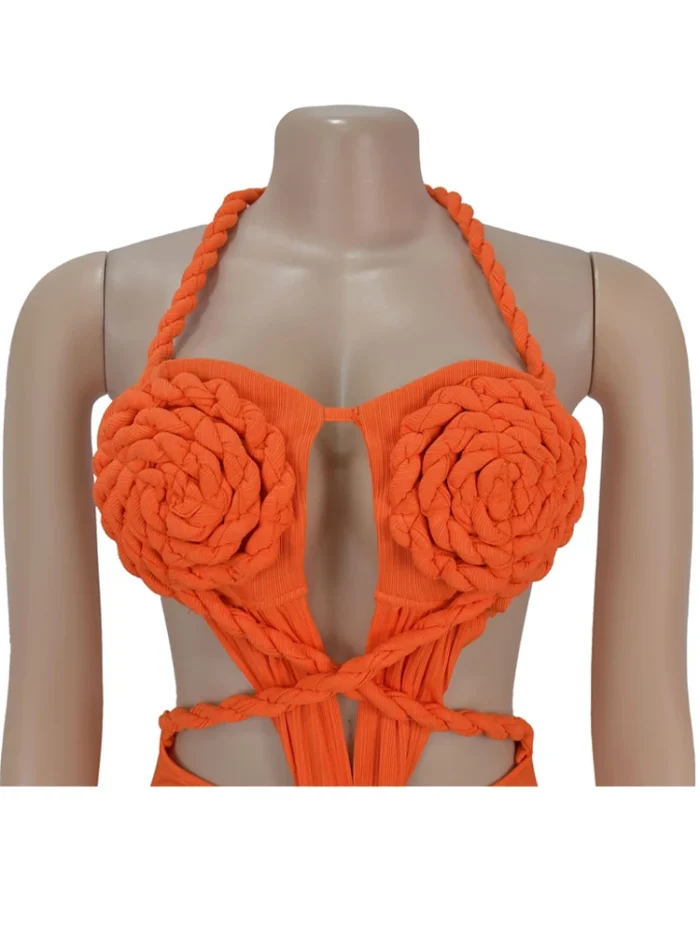 Beyprern Women's Cut-Out Ruched Maxi Dress Orange Sexy Halter Neck Backless High Slit Bandage Party Dresses Birthday Outfits - Image 6