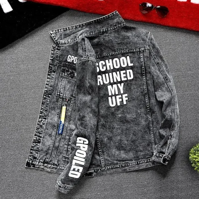 Jeans Coat for Men Hip Hop with Print Ripped Button Black Hole Denim Jackets Man Size L Large Lxury Worn Cowgirl Fast Delvery G - Image 5