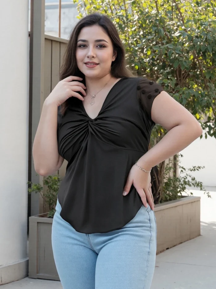 Women s Plus Size Summer Tops Twist Front V Neck Curved Hem Patchwork Mesh Short Sleeve Blouses with Floral Print - Image 4