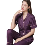 High Quality Couple Pajamas Suit Summer Short Sleeve Long Pant Home Cloth Men Ice Silk Thin Satin Large Size Sleepwear Set Women - Image 5