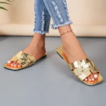 Golden Open Heeled Flat Women's Shoes Leather Sandals Bathroom Slippers Beach Footwear Comfortable Slip-On Sandals for Women - Image 5