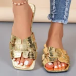 Golden Open Heeled Flat Women's Shoes Leather Sandals Bathroom Slippers Beach Footwear Comfortable Slip-On Sandals for Women - Image 6