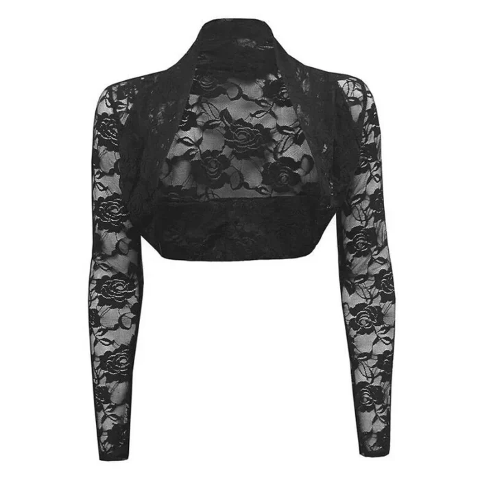 Floral Lace Shrug Bolero Cardigan Casacos Women Clothes Slim Vintage Long Sleeve Cropped Tops Ladies Black Summer Coat Jacket - Image 3