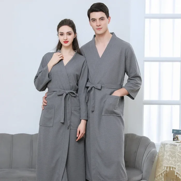 Waffle Transparent Bathrobe Men Women Summer Thin Robe Shower Plaid Dressing Gown Knee Length Breathable Nightgown Home Cloth - Image 2