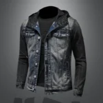 Men Spliced Hooded Washed Denim Jacket Long Sleeve Cardigan Single Breasted Outerwear Loose Coats Pockets High Street Button - Image 3
