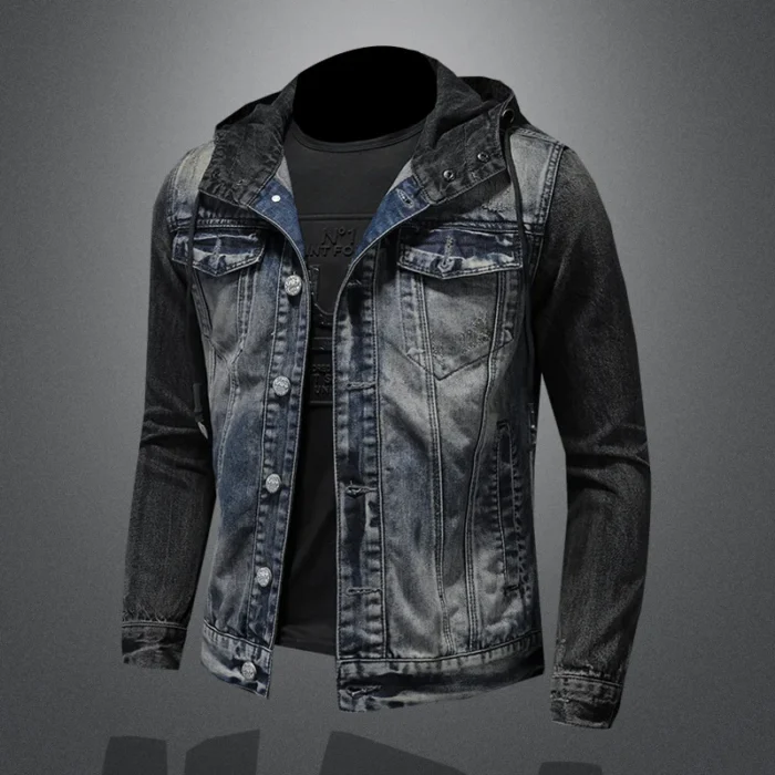 Men Spliced Hooded Washed Denim Jacket Long Sleeve Cardigan Single Breasted Outerwear Loose Coats Pockets High Street Button - Image 3