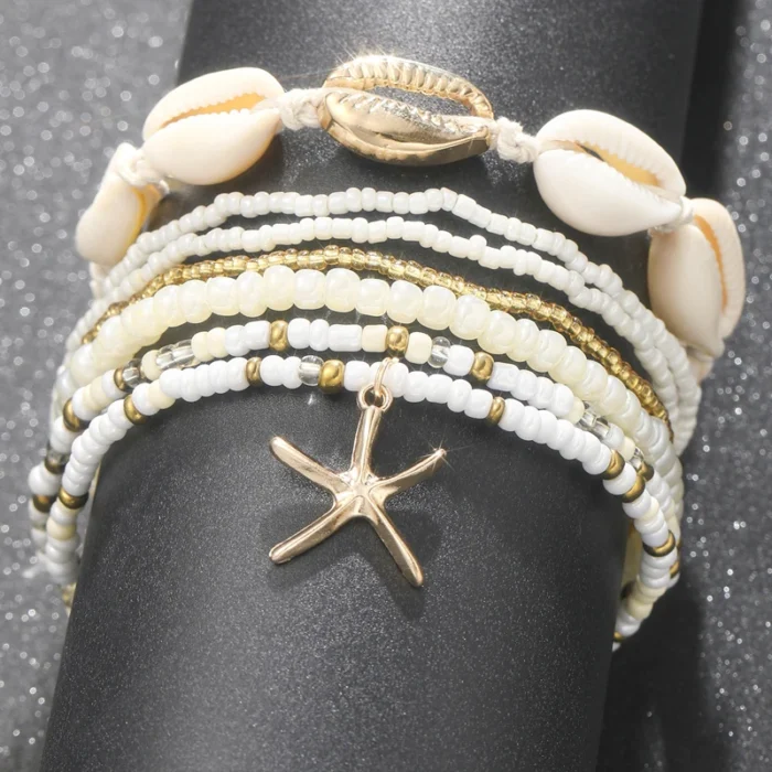 7pc/set Bohemian Rice Beads Starfish Pendant Anklet Set Fashion Summer Beach Sea Shell Multilayer Ankle Bracelet On Foot Jewelry - Image 4