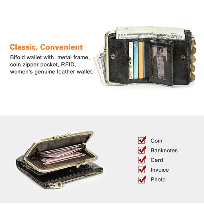 Contact'S Genuine Leather Wallet Women Small Metal Frame Purse Ladies Hasp and Zipper Coin Pocket Credit Card Holder - Image 5