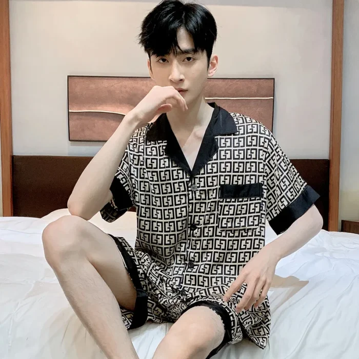 Ice Silk Pajamas Suit Men Spring Summer New Typle Fashion Short Sleeve Polyester Loungewear Male Sleepwear Geentlemen Homewear - Image 4