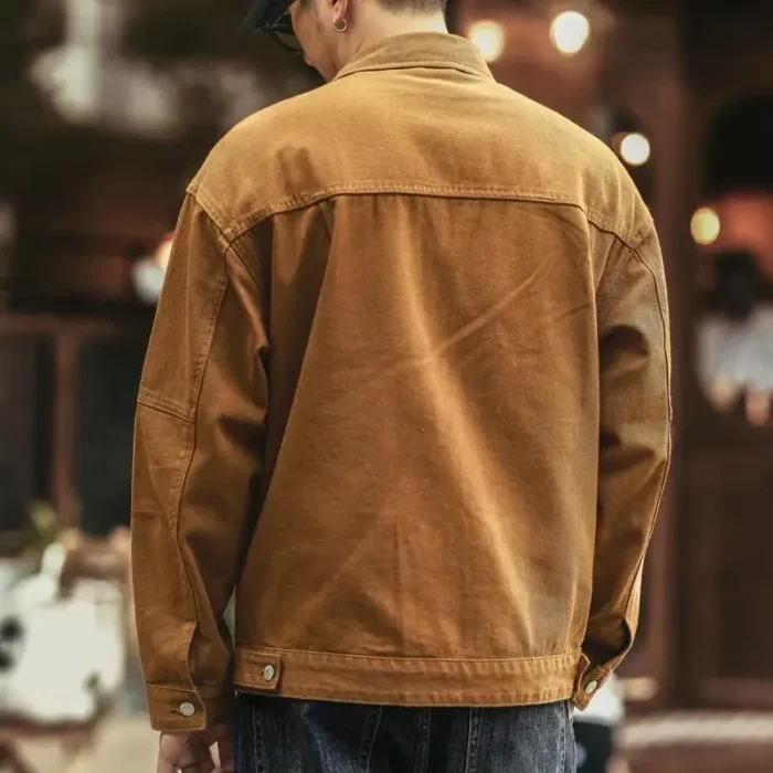 Cargo Oversize Cowboy Coat for Men Brown Cotton Denim Jackets Man Joker of Fabric Korea Japanese Retro Outwear Size L Lxury Worn - Image 4