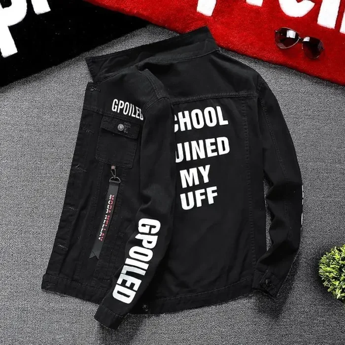Jeans Coat for Men Hip Hop with Print Ripped Button Black Hole Denim Jackets Man Size L Large Lxury Worn Cowgirl Fast Delvery G - Image 3