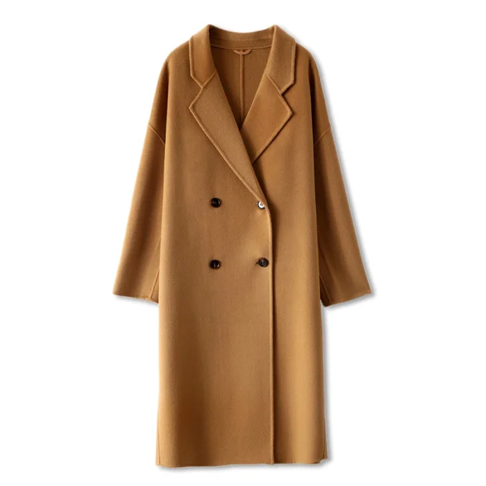 Women 100% Real Wool Long Overcoat Turn-down Collar Pocket Double Layer Narrow Notch Lapel Double-Breasted Coat Fall Winter - Image 1