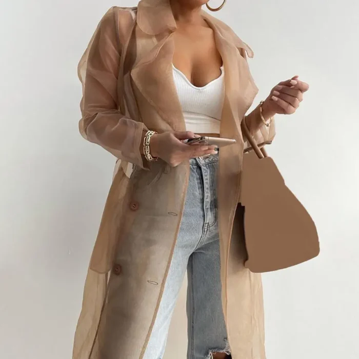 Korean Fashion Women Mesh Jacket Puff Sleeve Sunscreen Shirt Net Yarn See Through Spring Summer Lace-up Long Shirt Thin Coat - Image 1