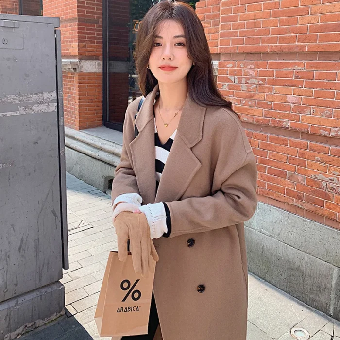 Women 100% Real Wool Long Overcoat Turn-down Collar Pocket Double Layer Narrow Notch Lapel Double-Breasted Coat Fall Winter - Image 6