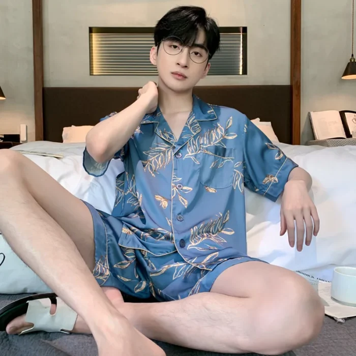 Ice Silk Pajamas Suit Men Spring Summer New Typle Fashion Short Sleeve Polyester Loungewear Male Sleepwear Geentlemen Homewear - Image 5