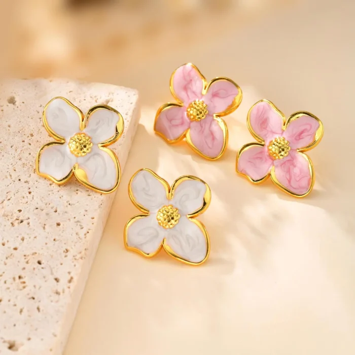 Elegant Pastel Flower Earrings for Women, Pink Floral Studs Summer Earrings, Stainless Steel Hypoallergenic Jewelry - Image 1