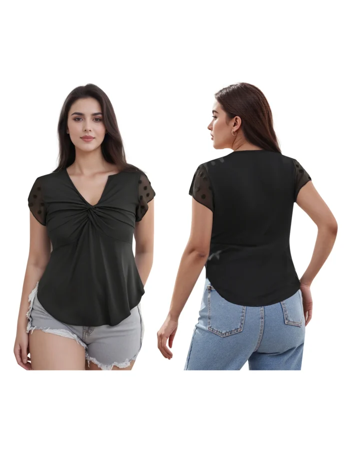Women s Plus Size Summer Tops Twist Front V Neck Curved Hem Patchwork Mesh Short Sleeve Blouses with Floral Print - Image 6