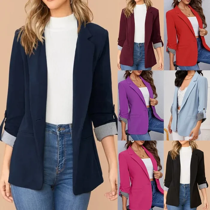 Women Autumn Winter Fashion Splicing Lapel Slim Cardigan Blazer Jacket Long Sleeve Casual - Image 1