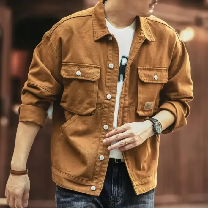 Cargo Oversize Cowboy Coat for Men Brown Cotton Denim Jackets Man Joker of Fabric Korea Japanese Retro Outwear Size L Lxury Worn - Image 2