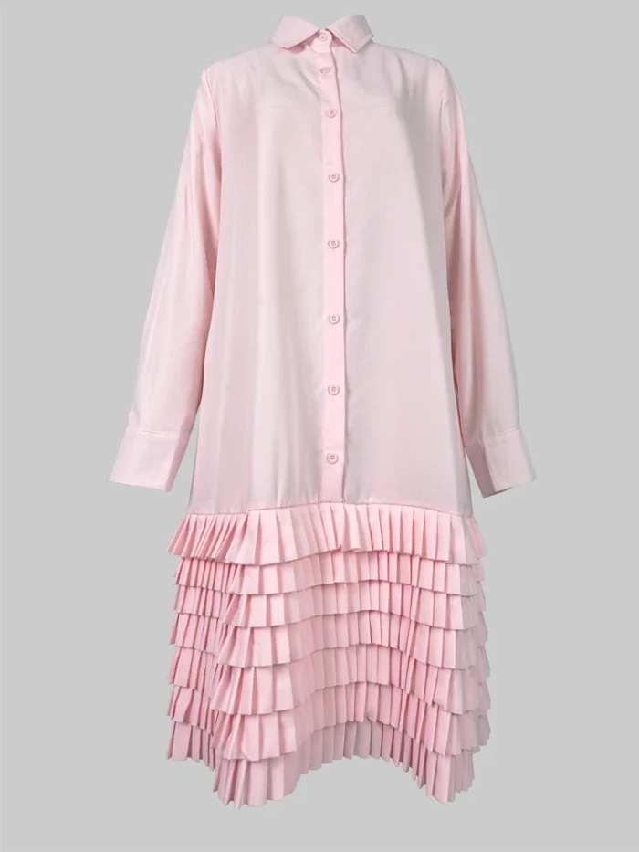Women’s A-Line Midi Dresses 2024 New Autumn Summer Long Sleeves Layered Pleated Pockets Solid Color Lapel Shirt Dress - Image 4