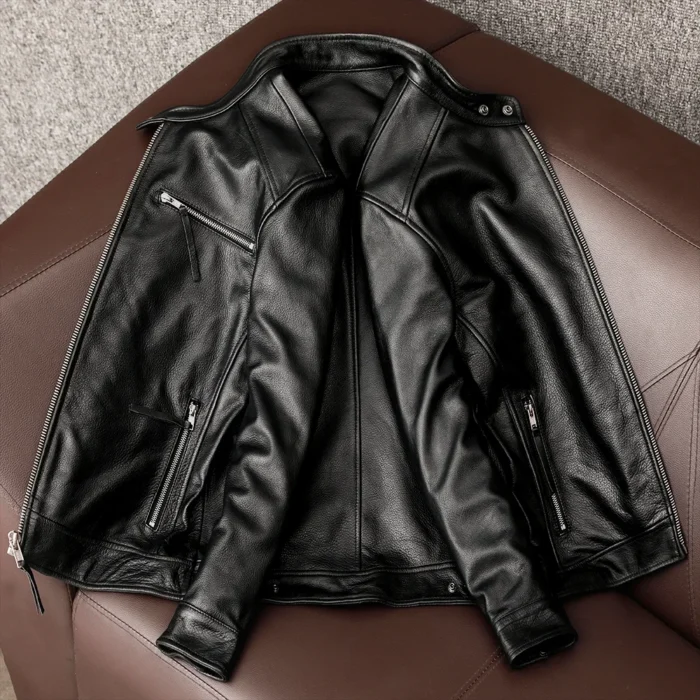 New trendy pure top layer soft cowhide genuine leather jacket men's slim-fit stand-up collar leather jacket coat - Image 3