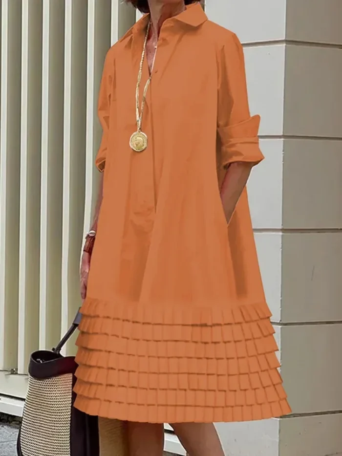 Women’s A-Line Midi Dresses 2024 New Autumn Summer Long Sleeves Layered Pleated Pockets Solid Color Lapel Shirt Dress - Image 3