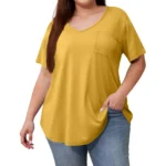 Plus Size Women's Tunic Tops Solid Color Large Size V-neck Loose T-Shirt With Pocket Summer Casual Basic Tee t shirts - Image 2