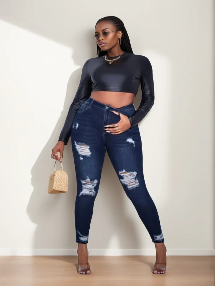 Women's plus size ripped jeans tight hip lifting - Image 1