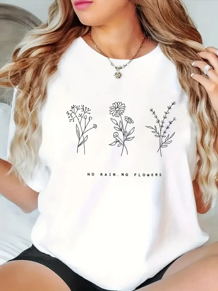Plus Size Women'S Floral Letter Print T-Shirt, Casual Round Neck Short Sleeve Top, Comfortable for All Seasons, Machine Washable - Image 1