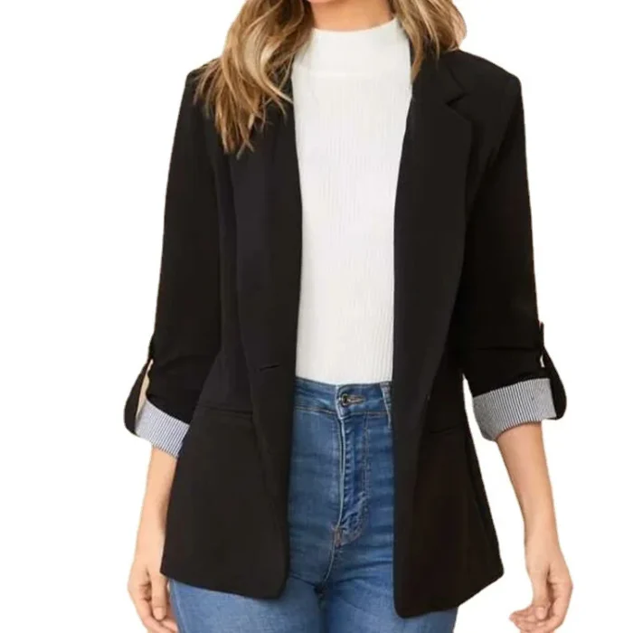 Women Autumn Winter Fashion Splicing Lapel Slim Cardigan Blazer Jacket Long Sleeve Casual - Image 5