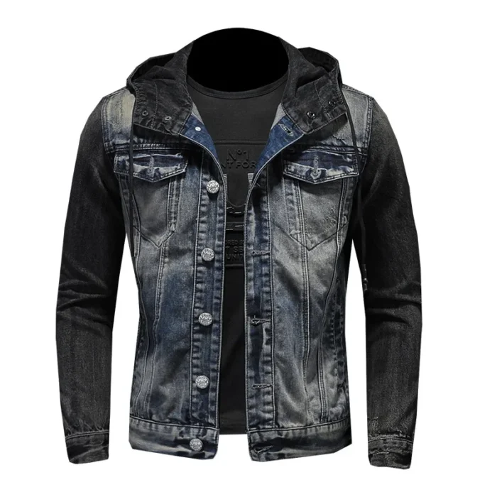 Men Spliced Hooded Washed Denim Jacket Long Sleeve Cardigan Single Breasted Outerwear Loose Coats Pockets High Street Button - Image 5