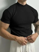 spring summer fashion Men's T-shirt Small high collar stripe shirt short sleeve fitness top leisure sport T-shirt Men sportswear - Image 2
