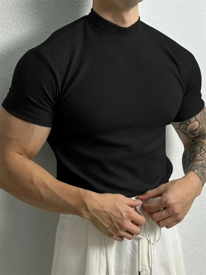 spring summer fashion Men's T-shirt Small high collar stripe shirt short sleeve fitness top leisure sport T-shirt Men sportswear - Image 2