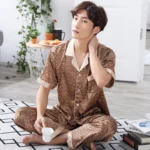 High Quality Men's Pajamas Suit Summer Imitation Ice Silk Sleepwear Thin Short-sleeved Trousers Two-piece Loungewear Suit Male - Image 5