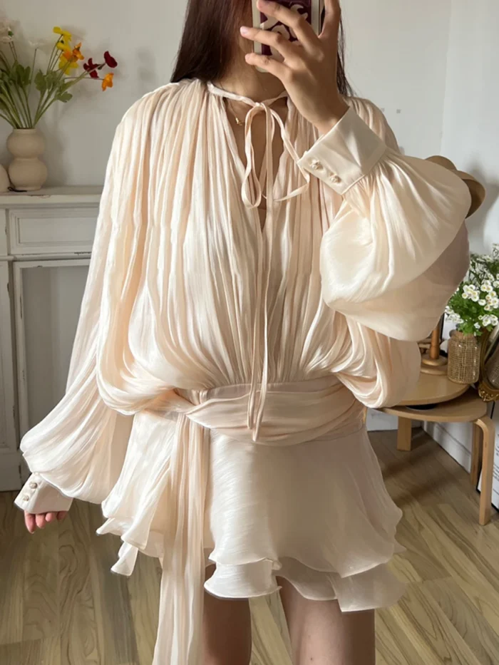 TWOTWINSTYLE Solid Blouse Mini Dresses For Women V Neck Long Sleeve Spliced Lace Up Sweet Style Dress Female Clothing Fashion - Image 1
