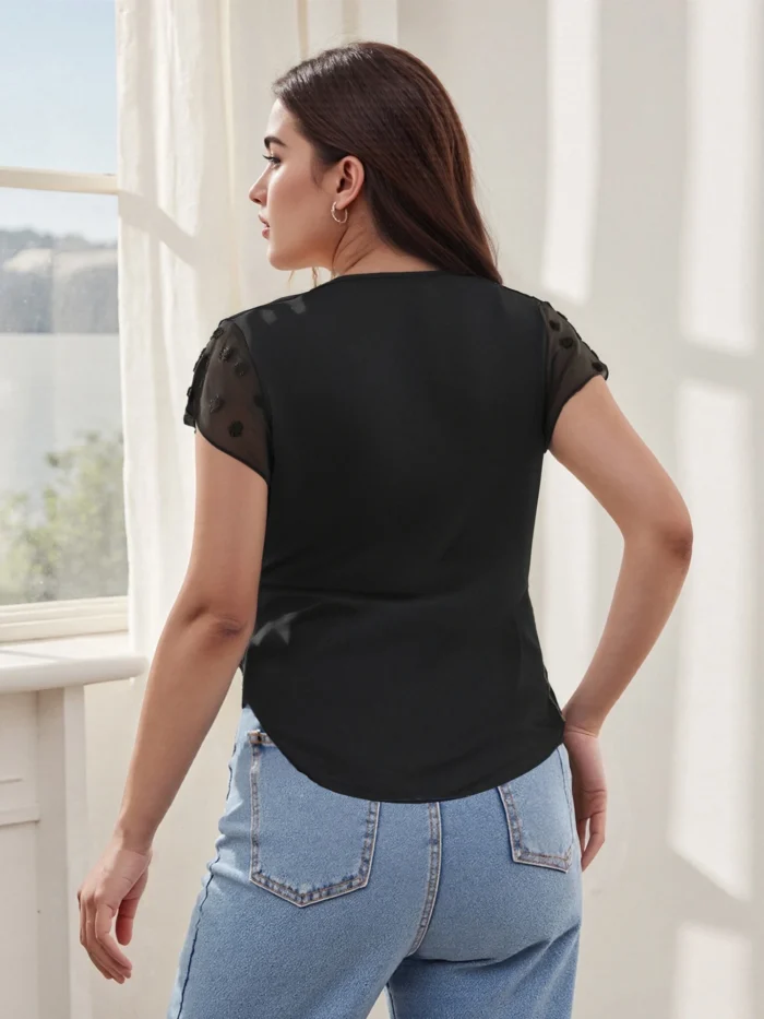 Women s Plus Size Summer Tops Twist Front V Neck Curved Hem Patchwork Mesh Short Sleeve Blouses with Floral Print - Image 5