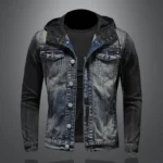 Men Spliced Hooded Washed Denim Jacket Long Sleeve Cardigan Single Breasted Outerwear Loose Coats Pockets High Street Button