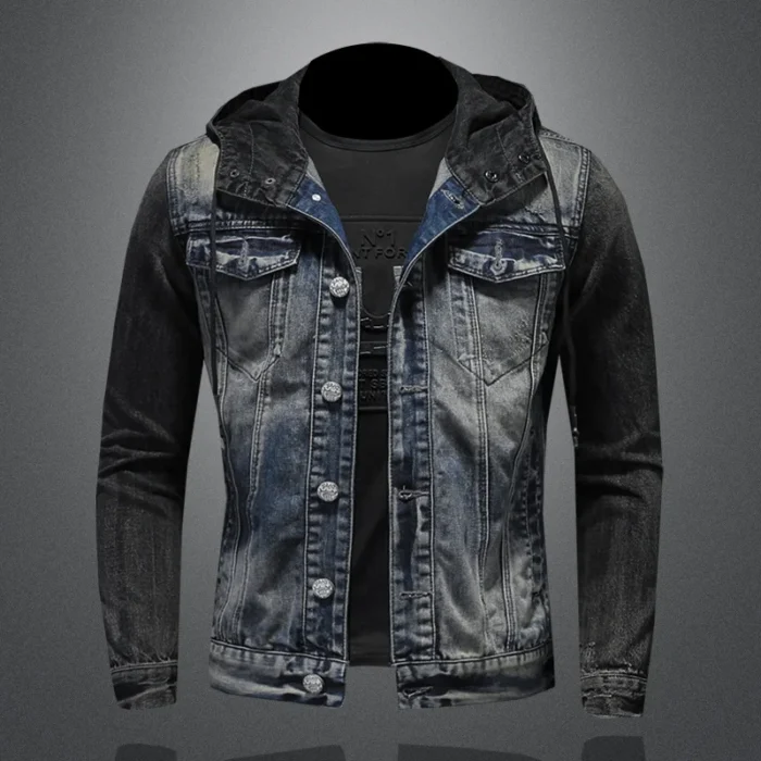 Men Spliced Hooded Washed Denim Jacket Long Sleeve Cardigan Single Breasted Outerwear Loose Coats Pockets High Street Button - Image 1