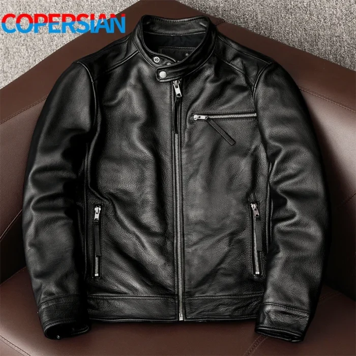 New trendy pure top layer soft cowhide genuine leather jacket men's slim-fit stand-up collar leather jacket coat - Image 1