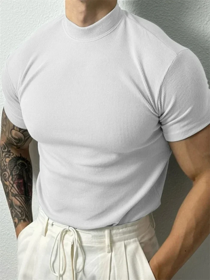 spring summer fashion Men's T-shirt Small high collar stripe shirt short sleeve fitness top leisure sport T-shirt Men sportswear - Image 1